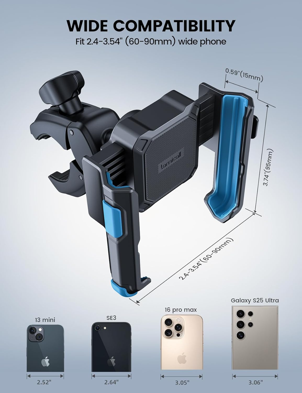 The Tampa Bay eBikes Cell Phone Holder - Premium Camera Friendly has an adjustable clamp for 2.4–3.54 inch devices, fits various phones, displays dimensions, and features a quick-release mechanism for versatile handlebar mounting.
