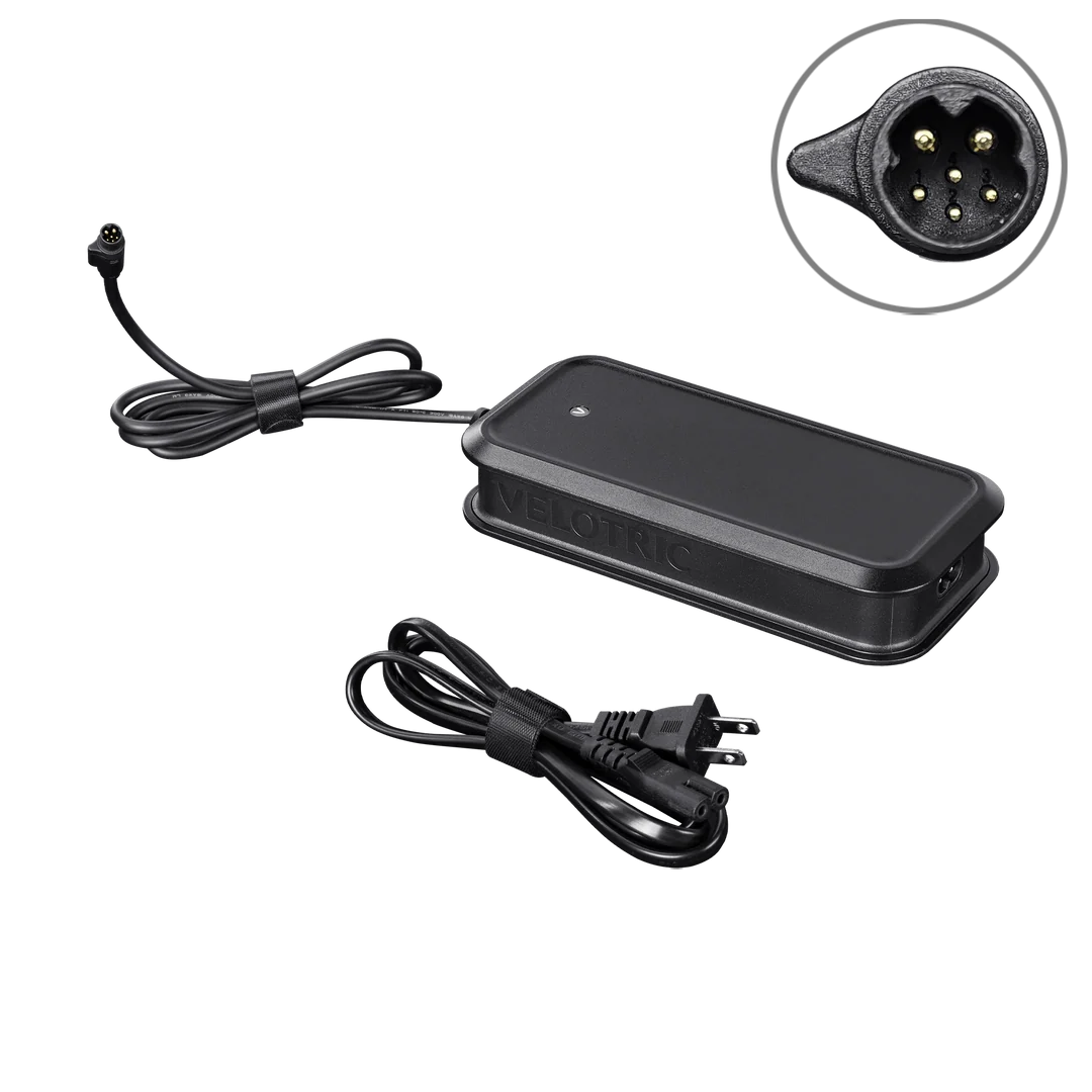 Black 48V 3A Charger - Velotric - B1 S1 D2 N2 with an attached cable and detachable power cord, shown with a detailed view of the three-pin charging connector.