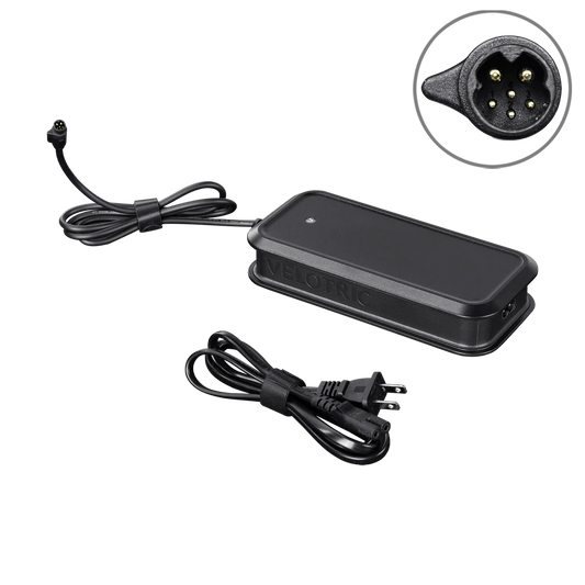 Black 48V 3A Charger - Velotric - B1 S1 D2 N2 with an attached cable and detachable power cord, shown with a detailed view of the three-pin charging connector.