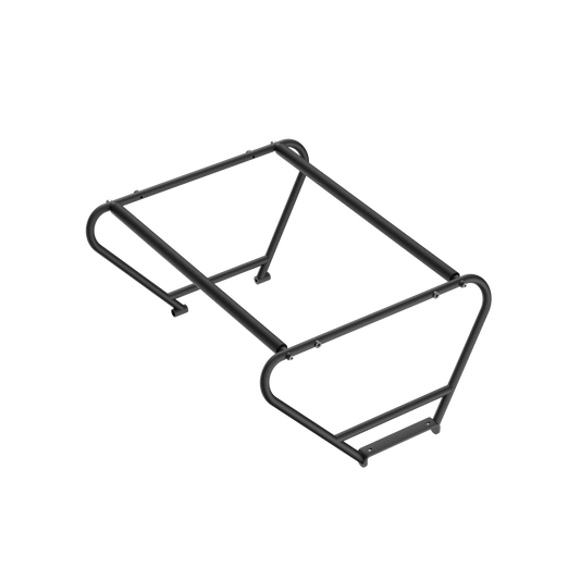 A child safety balustrade designed by Velotric, featuring a black metal frame with four legs and a rectangular top, similar to a minimalist bench or support structure, perfect for enhancing the stability of the Velotric Packer 1 bike.