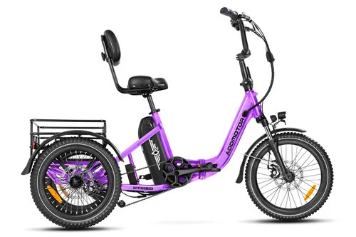 The Addmotor CitiTri E-310, a purple electric trike with padded seat, backrest, front suspension, rear cargo rack, and three large wheels by Addmotor ensures a smooth ride for city trips.