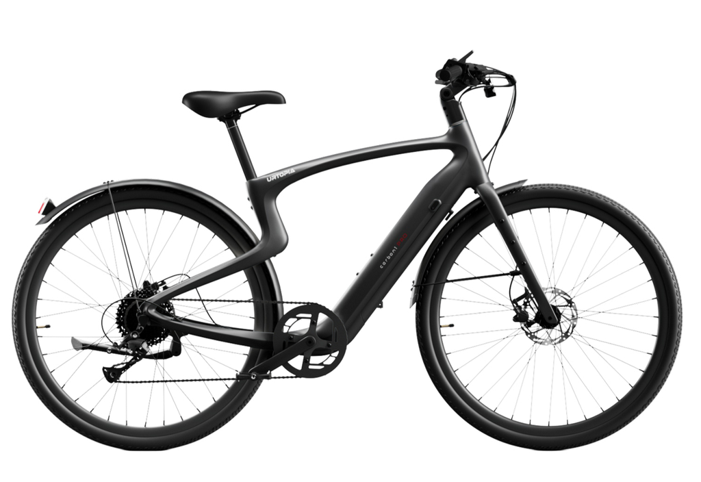 The Urtopia - Carbon Classic by Urtopia is a sleek, lightweight black eBike with a curved frame, flat handlebars, disc brakes, rear fender, and thin tires—shown side view against a white background.