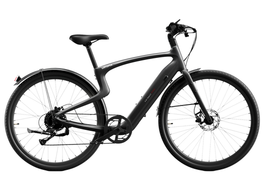The Urtopia - Carbon Classic by Urtopia is a sleek, lightweight black eBike with a curved frame, flat handlebars, disc brakes, rear fender, and thin tires—shown side view against a white background.