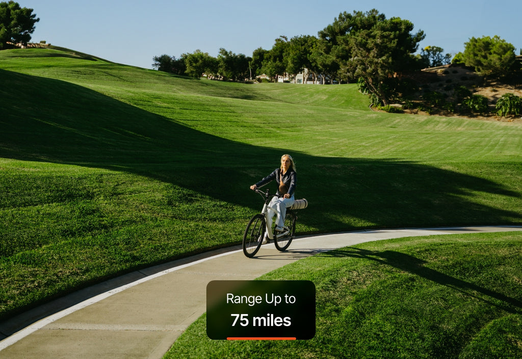 A person rides the Urtopia Carbon Classic electric bike on a winding path through a green park; text overlay reads “Range Up to 75 miles.”.