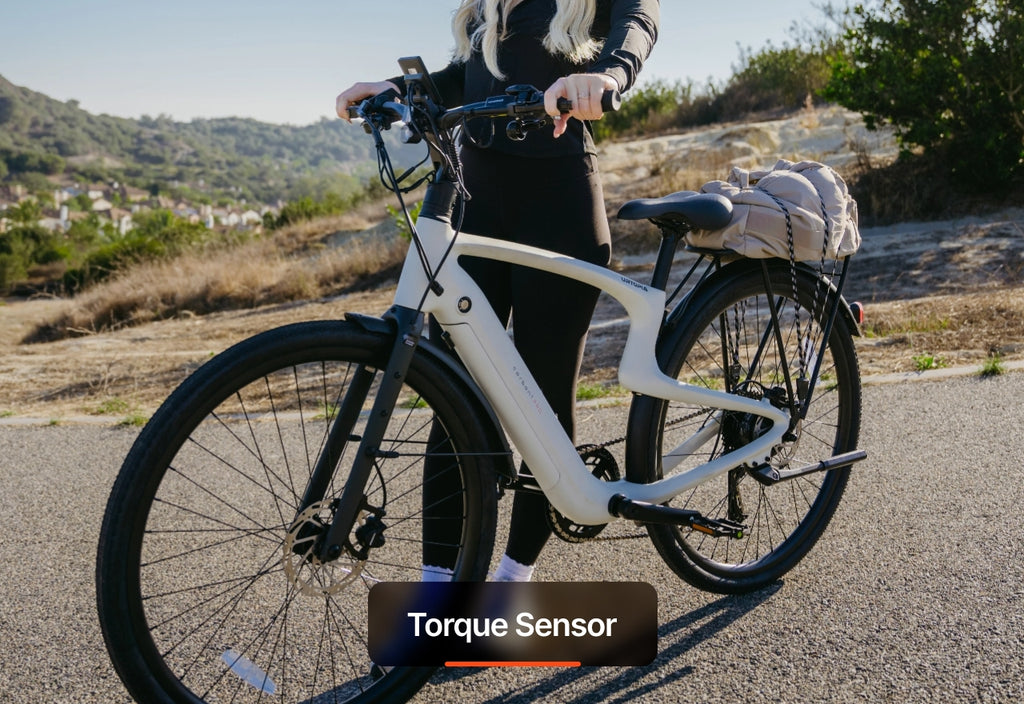 A person stands outdoors with the Urtopia - Carbon Classic, a lightweight electric bike by Urtopia featuring a bag on the rear rack and a "Torque Sensor" label at the bottom of the image.