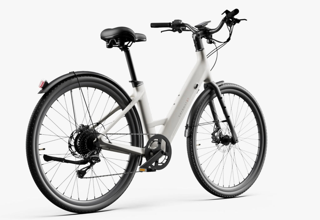 The Urtopia Carbon Classic Step-Thru eBike by Urtopia is shown in matte white with front and rear fenders, disc brakes, a removable Samsung battery, and a rear taillight against a white background.