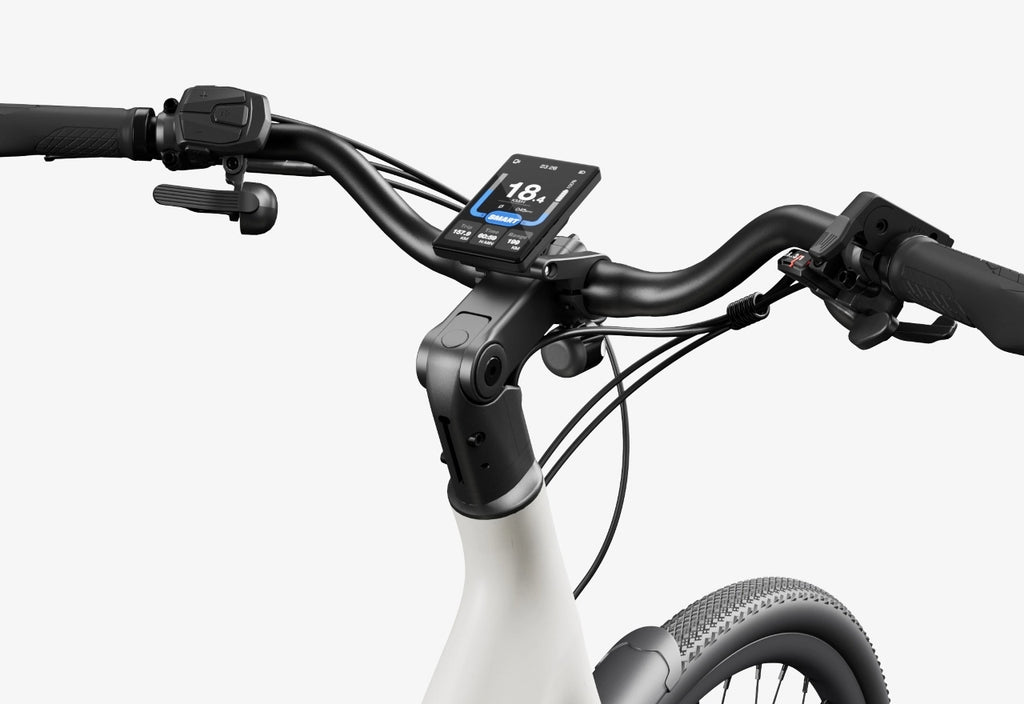 Close-up view of the Urtopia - Carbon Classic Step-Thru eBike’s lightweight carbon handlebar with an electronic display showing speed and controls, by Urtopia, set against a plain white background.