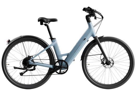 The Urtopia Carbon Classic Step-Thru eBike by Urtopia, shown from the side on a white background, features a light blue carbon frame, step-through design, removable Samsung battery, front suspension fork, disc brakes, and rear fender.