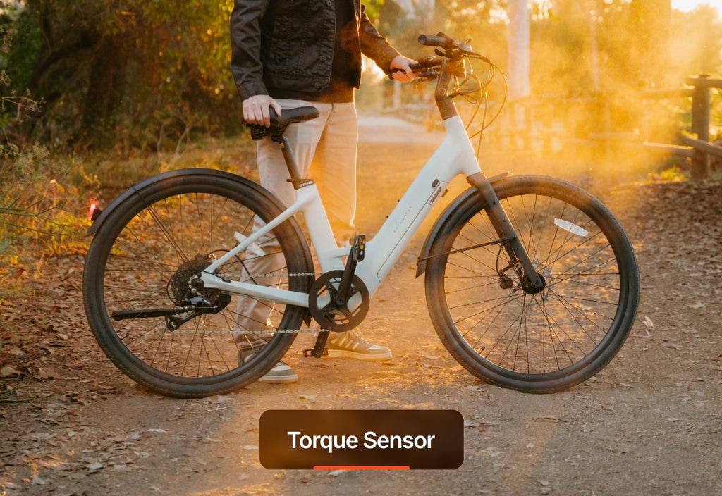Outdoors on a dirt path, a person holds the Urtopia - Carbon Classic Step-Thru eBike by Urtopia, featuring a lightweight carbon build, torque sensor, and removable Samsung battery as sunlight filters through the trees.