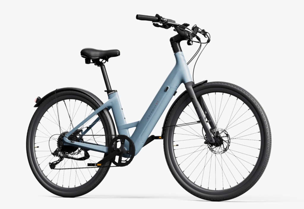 The Urtopia - Carbon Classic Step-Thru by Urtopia is a light blue carbon eBike with black handlebars, seat, and tires, featuring a removable Samsung battery, displayed on a white background.