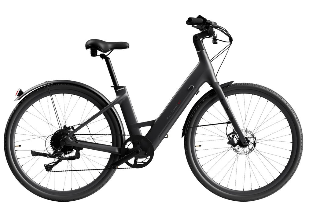 The Urtopia Carbon Classic Step-Thru by Urtopia is a matte black carbon eBike with fenders, disc brakes, a removable Samsung battery, and upright handlebars, displayed in profile against a white background.