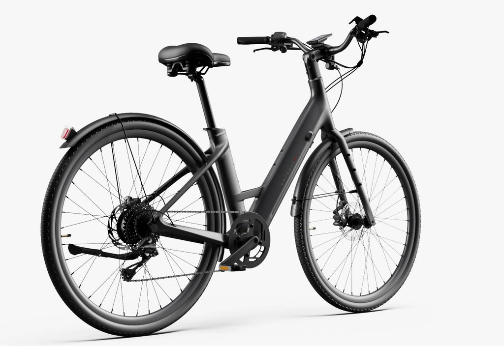 The Urtopia Carbon Classic Step-Thru eBike by Urtopia, in matte black with disc brakes, rear fender, digital display, and a removable Samsung battery, is displayed against a plain white background.