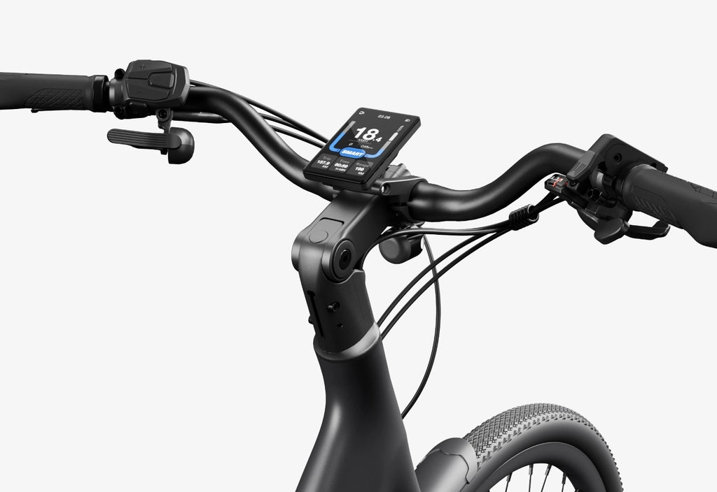 Close-up of the Urtopia - Carbon Classic Step-Thru eBike handlebar by Urtopia, featuring a lightweight carbon build, digital speed display, controls, brake levers, and textured hand grips against a plain background.