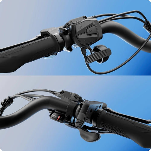 Close-up of Urtopia's Carbon Classic Step-Thru eBike handlebars with control switches and an electronic display, set against a blue gradient background.