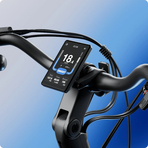 Close-up of the Urtopia Carbon Classic Step-Thru’s lightweight carbon handlebar featuring a digital display for speed, battery level, and ride stats, set against a blue gradient background.