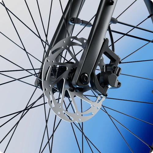 Close-up of the Urtopia Carbon Classic Step-Thru eBike’s lightweight carbon front wheel, highlighting the disc brake rotor and caliper, set against a gradient blue and white background.