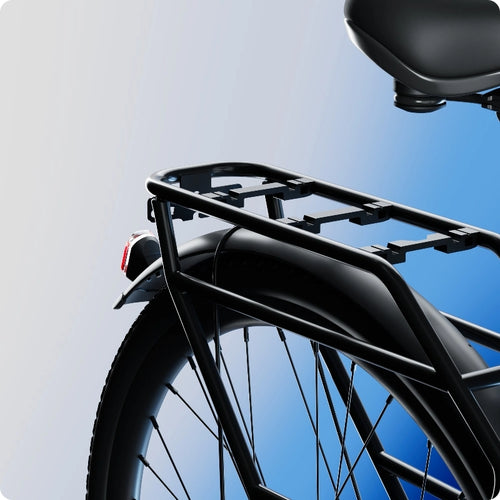 Close-up of the Urtopia Carbon Classic Step-Thru eBike’s lightweight carbon rear wheel and frame, with a black metal cargo rack above the fender, set against a gradient blue background.