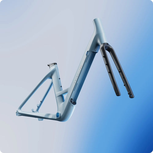 The Urtopia Carbon Classic Step-Thru eBike by Urtopia, featuring a lightweight carbon frame in light blue and a black front fork, is shown against a blue gradient background.
