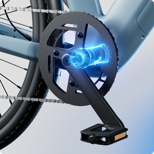 Close-up of the Urtopia - Carbon Classic Step-Thru crankset and pedal, digitally highlighted in blue at the axle, attached to the lightweight blue carbon eBike frame by Urtopia.