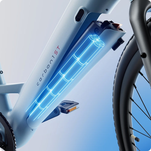Close-up of the Urtopia Carbon Classic Step-Thru’s lightweight carbon frame, featuring a visualized battery compartment with removable Samsung battery integrated into the lower tube, branded by Urtopia.