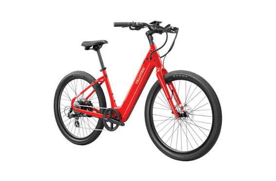 Explore the Velotric Breeze, an urban eBike with a bold red color, black handlebars and tires, a step-through frame, and dependable disc brakes on both wheels. Its powerful 750W motor ensures easy city navigation.