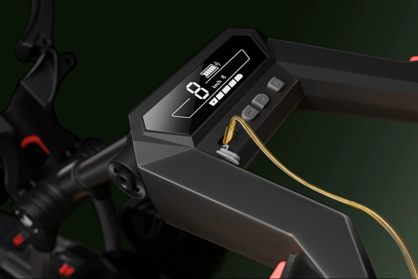 Close-up of the Navee Birdie 3X electric golf push cart’s handlebar display by Navee, showing speed, battery level, control buttons, and charging cable connected.