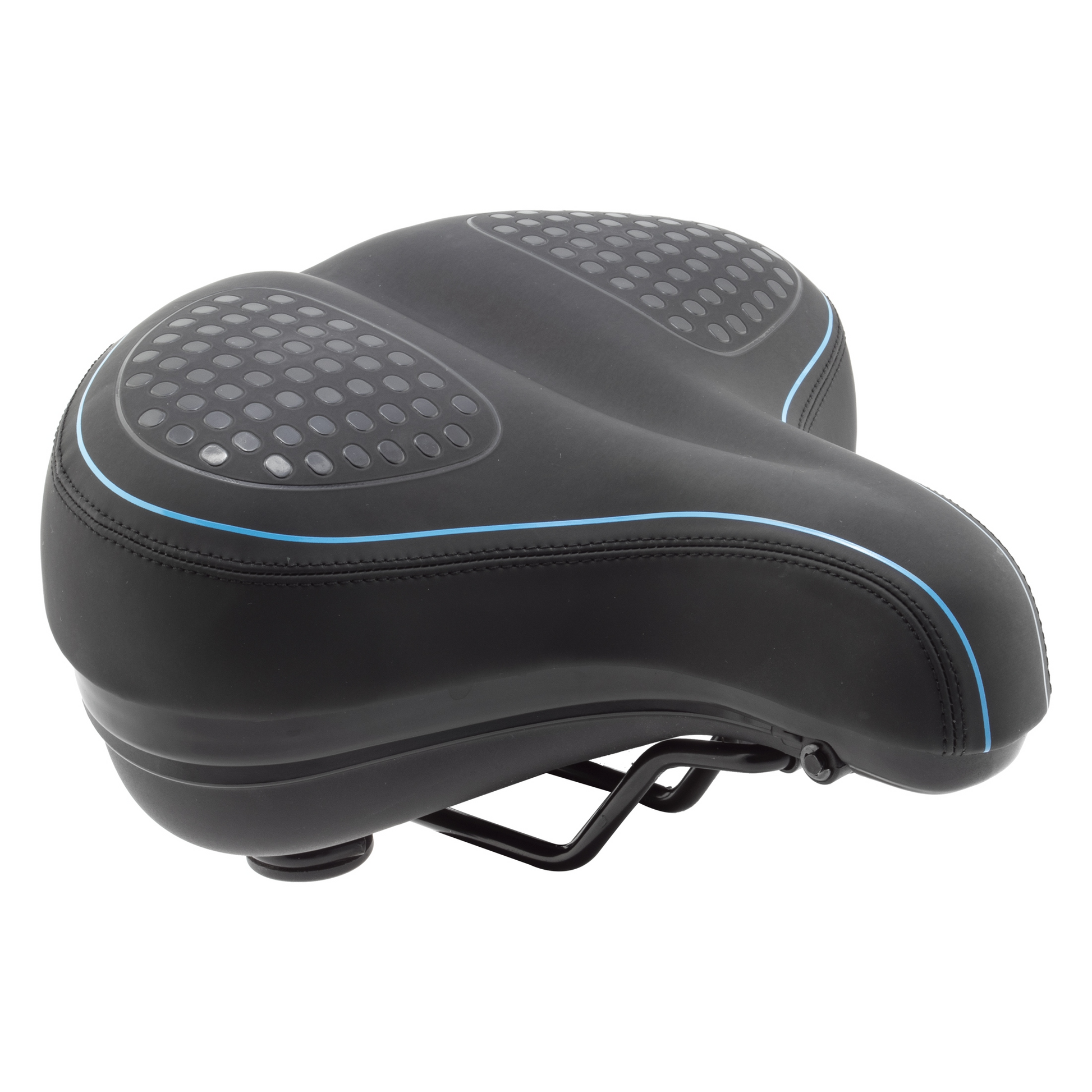 A CLOUD-9 Hideaway black ergonomic cruiser bike seat with blue accents, padded areas for enhanced comfort, and coil spring suspension.