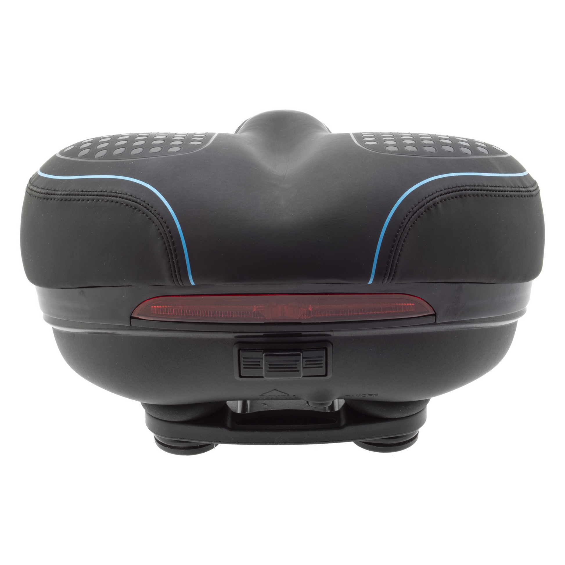 Rear view of a black CLOUD-9 Hideaway seat with blue accents, featuring a built-in red reflector, ergonomic padding, and multi-stage foam for added comfort.