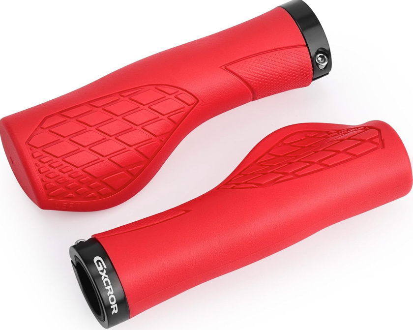 A pair of red Grips - Color Splash by Tampa Bay eBikes with ergonomic design, textured anti-slip surfaces, and black end caps are displayed side by side.