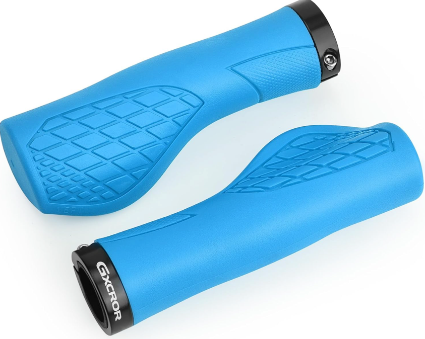 A pair of Tampa Bay eBikes Grips - Color Splash in blue, featuring ergonomic design, textured anti-slip surfaces, and black end caps, are shown side by side on a white background.