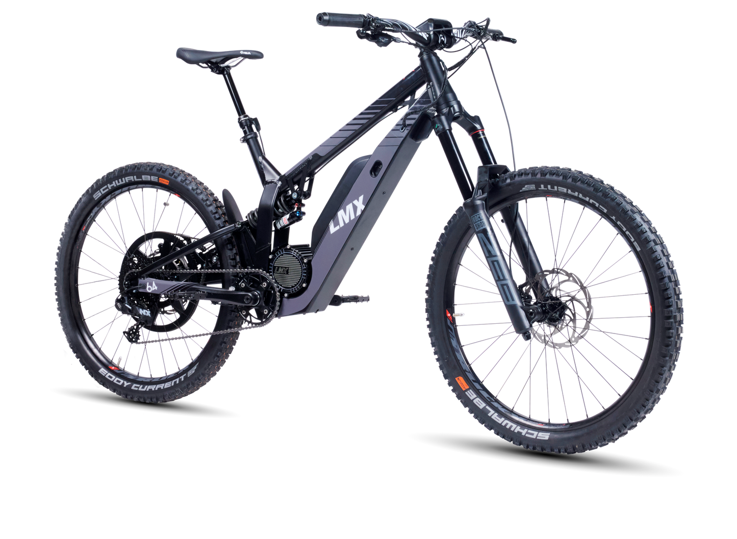 A black LMX - 64 with electric motor assist, featuring thick off-road tires and a robust frame. Powered by a brushless mid-mounted motor for smooth pedal assistance, the bike is branded with "LMX" on the frame. Available exclusively at Tampa Bay eBikes.