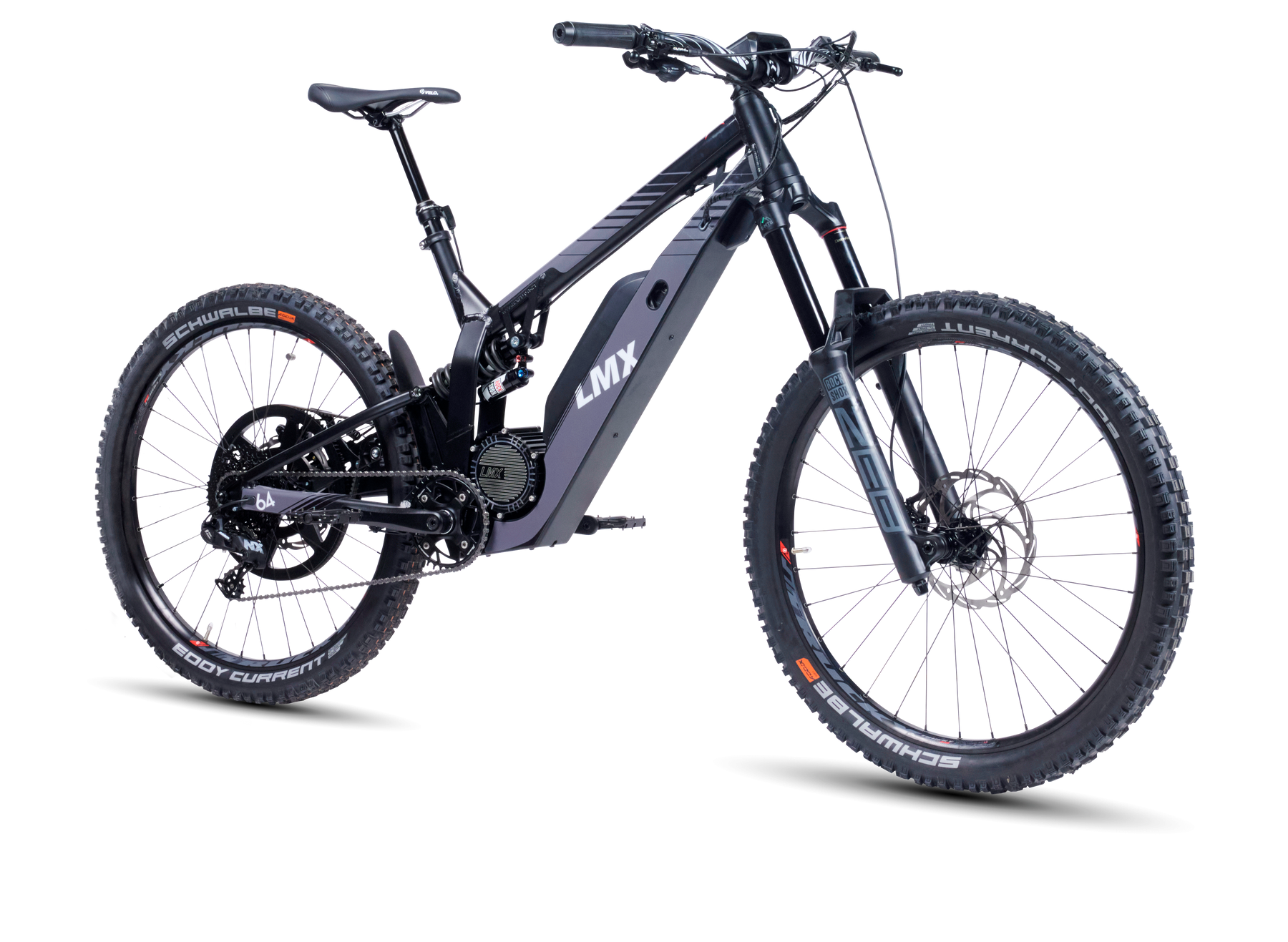 A black LMX - 64 with electric motor assist, featuring thick off-road tires and a robust frame. Powered by a brushless mid-mounted motor for smooth pedal assistance, the bike is branded with "LMX" on the frame. Available exclusively at Tampa Bay eBikes.