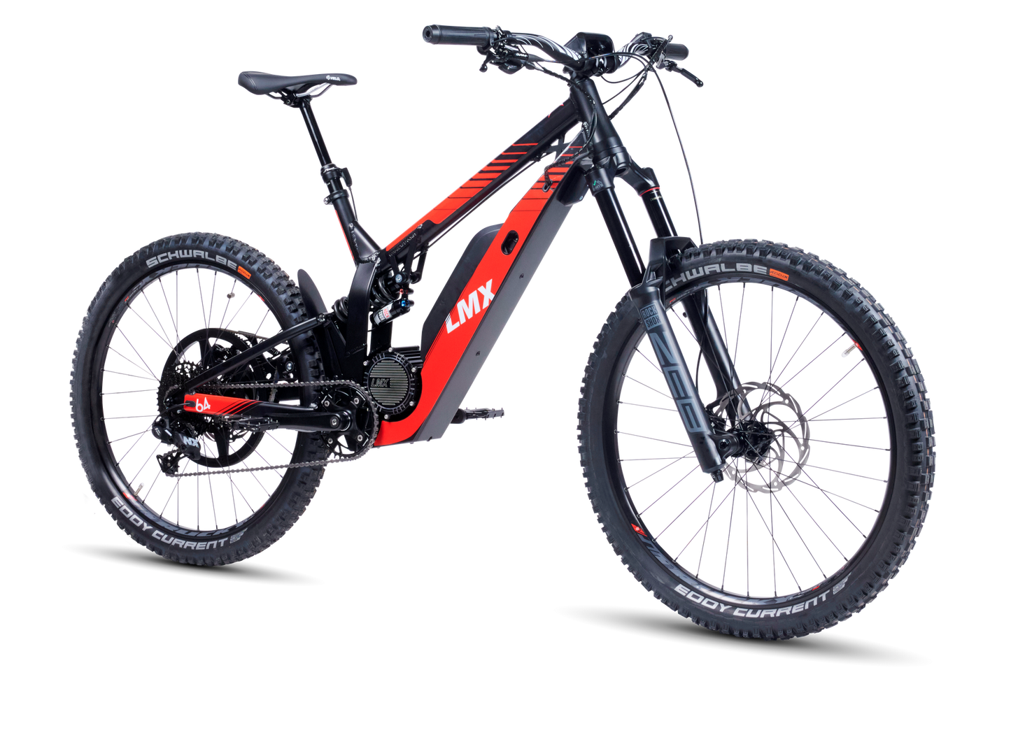 A black and red LMX - 64 mountain bike from LMX features a brushless mid-mounted motor, thick tires, a sturdy frame, and visible "LMX" branding on the battery compartment. It also includes pedal assistance for an enhanced riding experience.