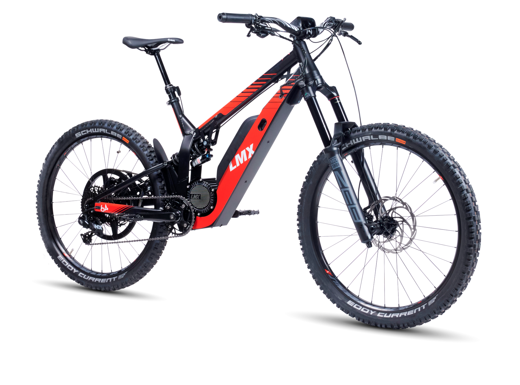 A black and red LMX - 64 mountain bike from LMX features a brushless mid-mounted motor, thick tires, a sturdy frame, and visible "LMX" branding on the battery compartment. It also includes pedal assistance for an enhanced riding experience.