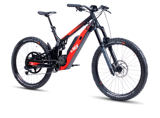 A black and red LMX - 64 mountain bike from LMX features a brushless mid-mounted motor, thick tires, a sturdy frame, and visible "LMX" branding on the battery compartment. It also includes pedal assistance for an enhanced riding experience.