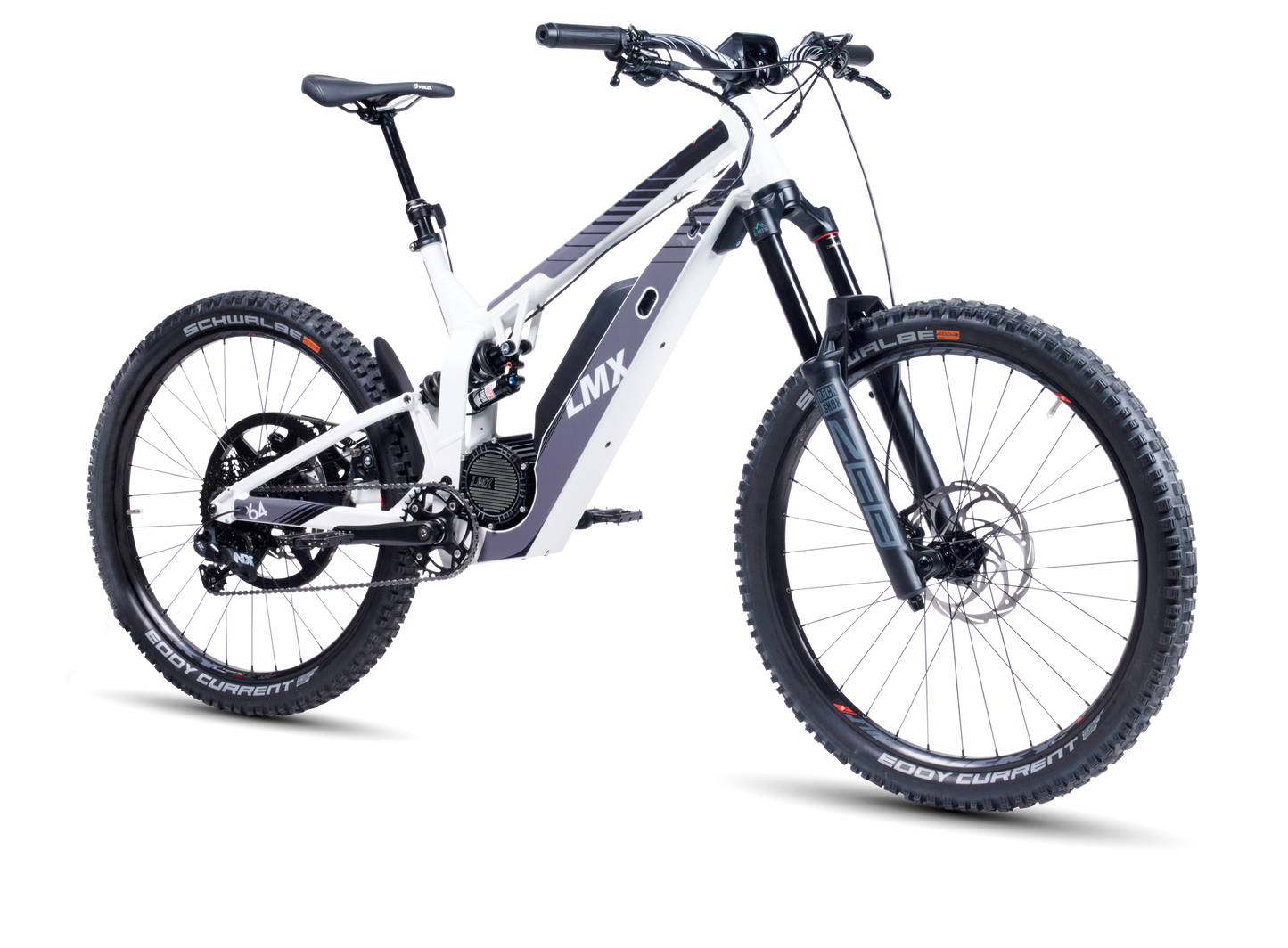 A white and black electric mountain bike with wide tires, disc brakes, and a suspension fork, featuring a brushless mid-mounted motor for smooth pedal assistance, viewed at a slight angle from the side. The LMX - 64 by LMX is available now at Tampa Bay eBikes.