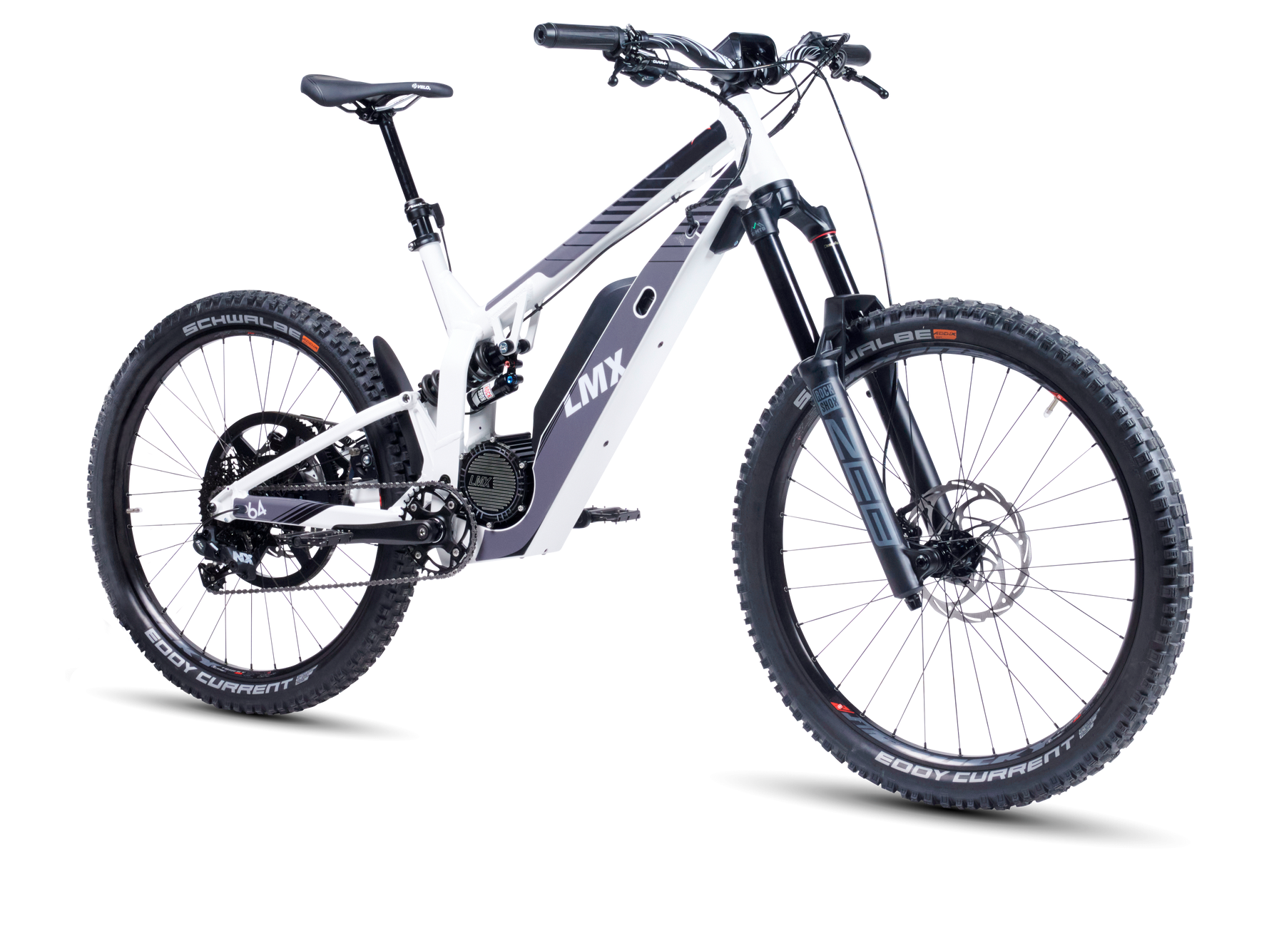 A white and black electric mountain bike with wide tires, disc brakes, and a suspension fork, featuring a brushless mid-mounted motor for smooth pedal assistance, viewed at a slight angle from the side. The LMX - 64 by LMX is available now at Tampa Bay eBikes.