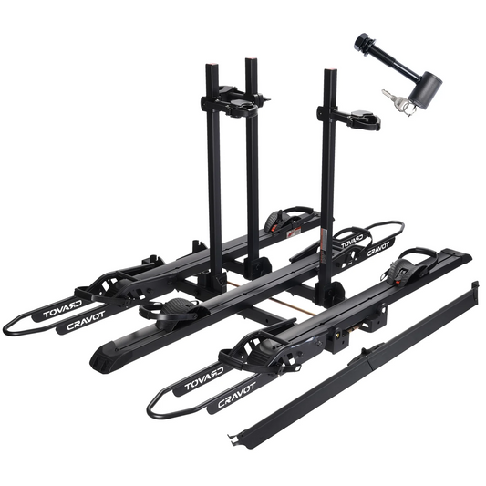 The Cravot CyberRack S3 Hitch Bike Rack fits 2" receivers, holds two bikes (up to 300 lbs), and features adjustable arms, wheel supports, and a locking hitch pin—perfect for secure e-bike transport.