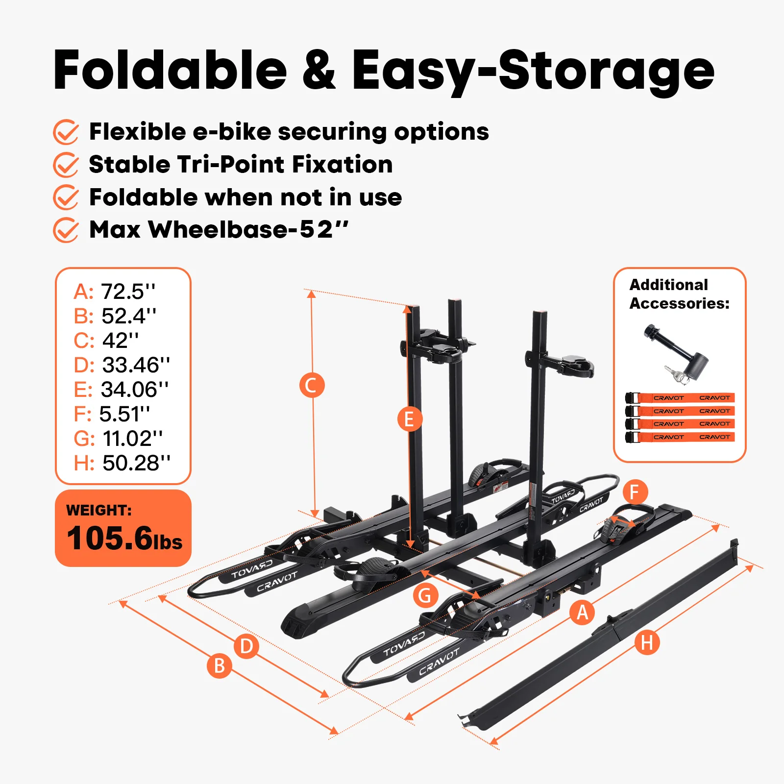 The Cravot CyberRack S3 Hitch Bike Rack fits 2" receivers, holds up to 300 lbs, and supports wheelbases up to 52". With adjustable arms, labeled dimensions, tri-point fixation, and foldable design for easy storage—ideal for versatile bike transport.