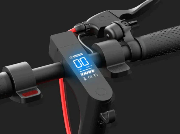 Close-up of an electric scooter's handlebar, showing a digital display indicating speed and battery level on the Hiboy - S2 Pro Electric Scooter, with a brake lever and textured grip for daily commuting.