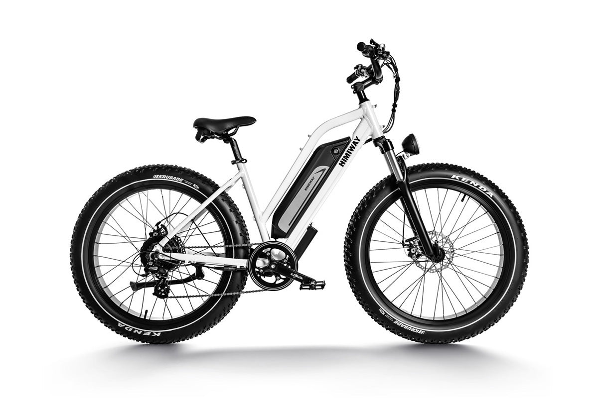 The Himiway D3 (Cruiser) is an eye-catching white fat tire electric bike featuring a black seat and visible battery pack. This long-range eBike from Himiway is ideal for mountain trails, perfectly showcased against a plain background.