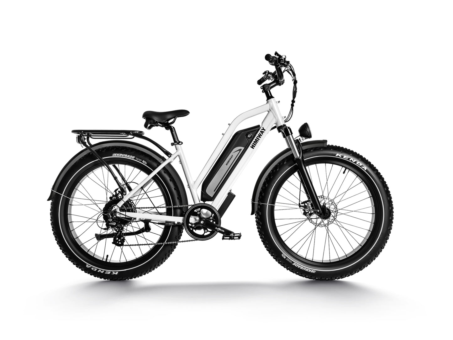 The Himiway - D3 Cruiser is a white fat tire electric bike from the brand Himiway, equipped with a front suspension fork and viewed from the side. It includes a rear rack and has a center-mounted battery, providing long-range capabilities for any adventure.