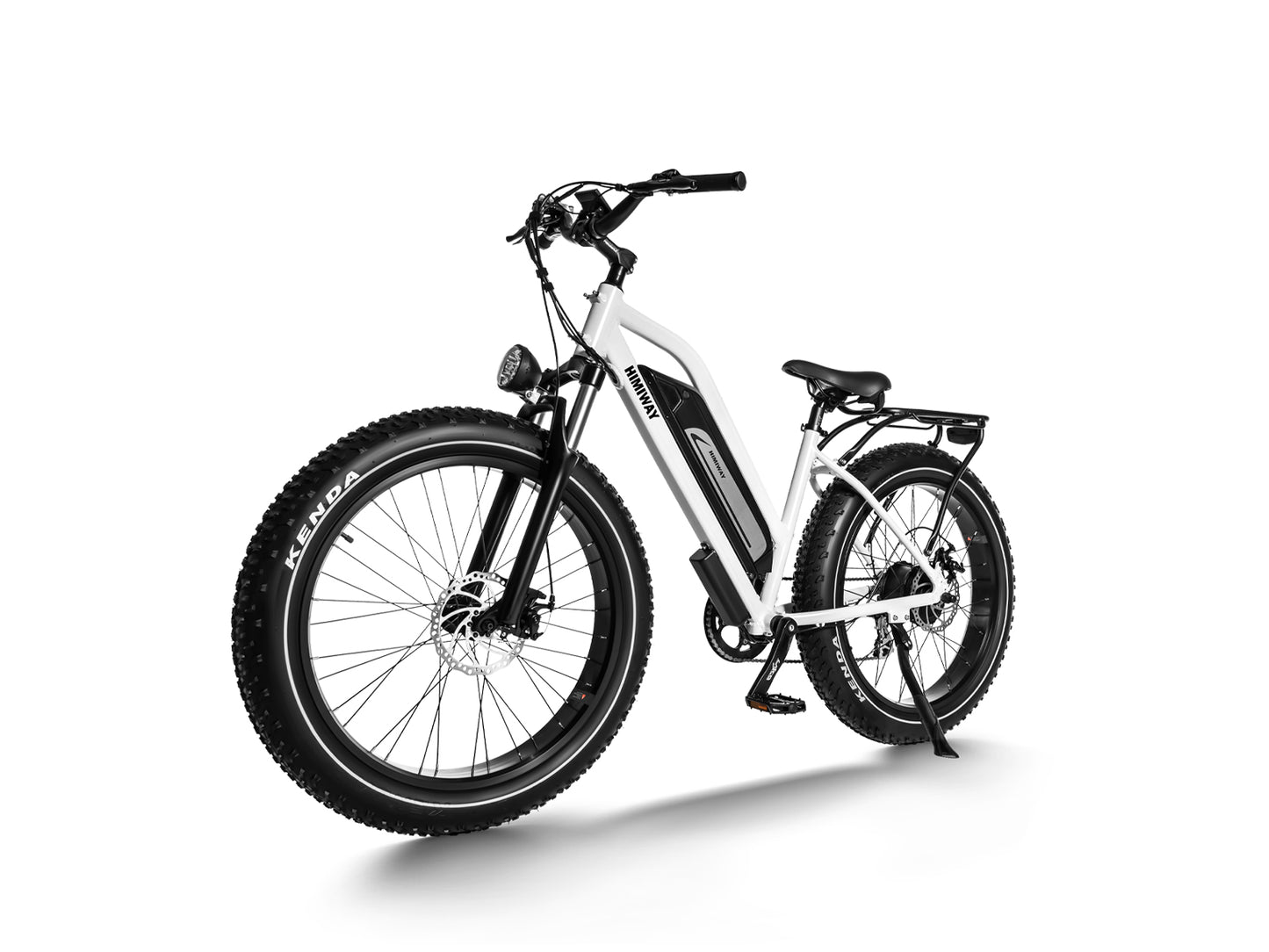 The Himiway - D3 (Cruiser) by Himiway is a white fat tire electric bicycle featuring a front light and rear luggage rack, beautifully displayed from an angled perspective.