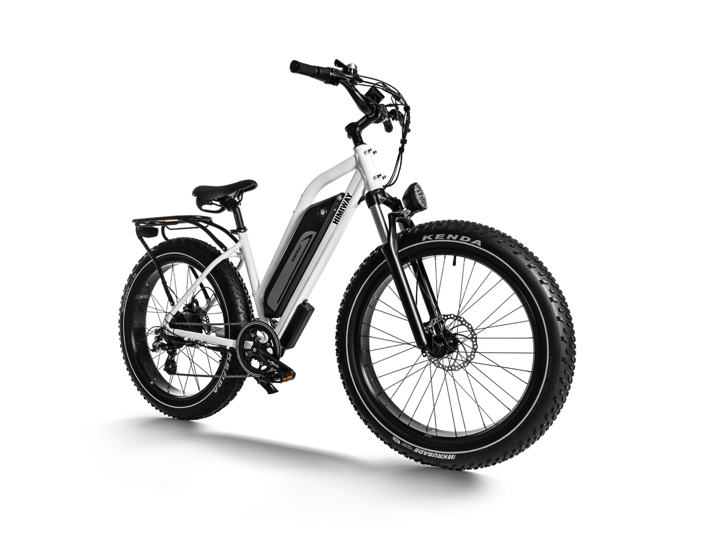 The Himiway - D3 (Cruiser), a sleek white electric mountain bike, showcases its robust fat tires, front suspension fork, and rear rack. Angled slightly to the left against a plain background, it hints at its long-range capabilities and adventure-ready spirit.