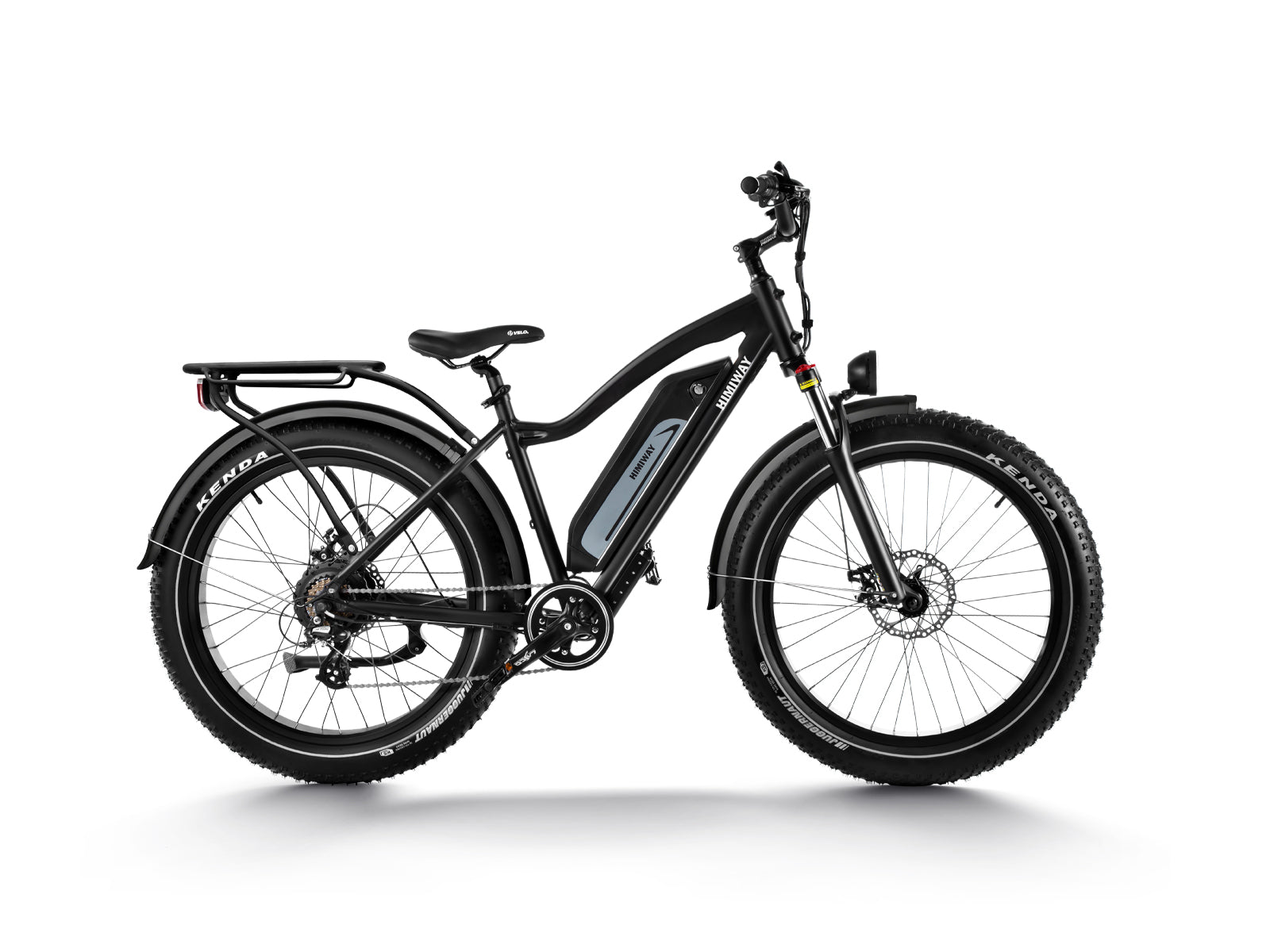 The Himiway - D3 (Cruiser), a stylish black long-range eBike with fat tires, includes a rear rack and central battery pack, all presented against a white background.