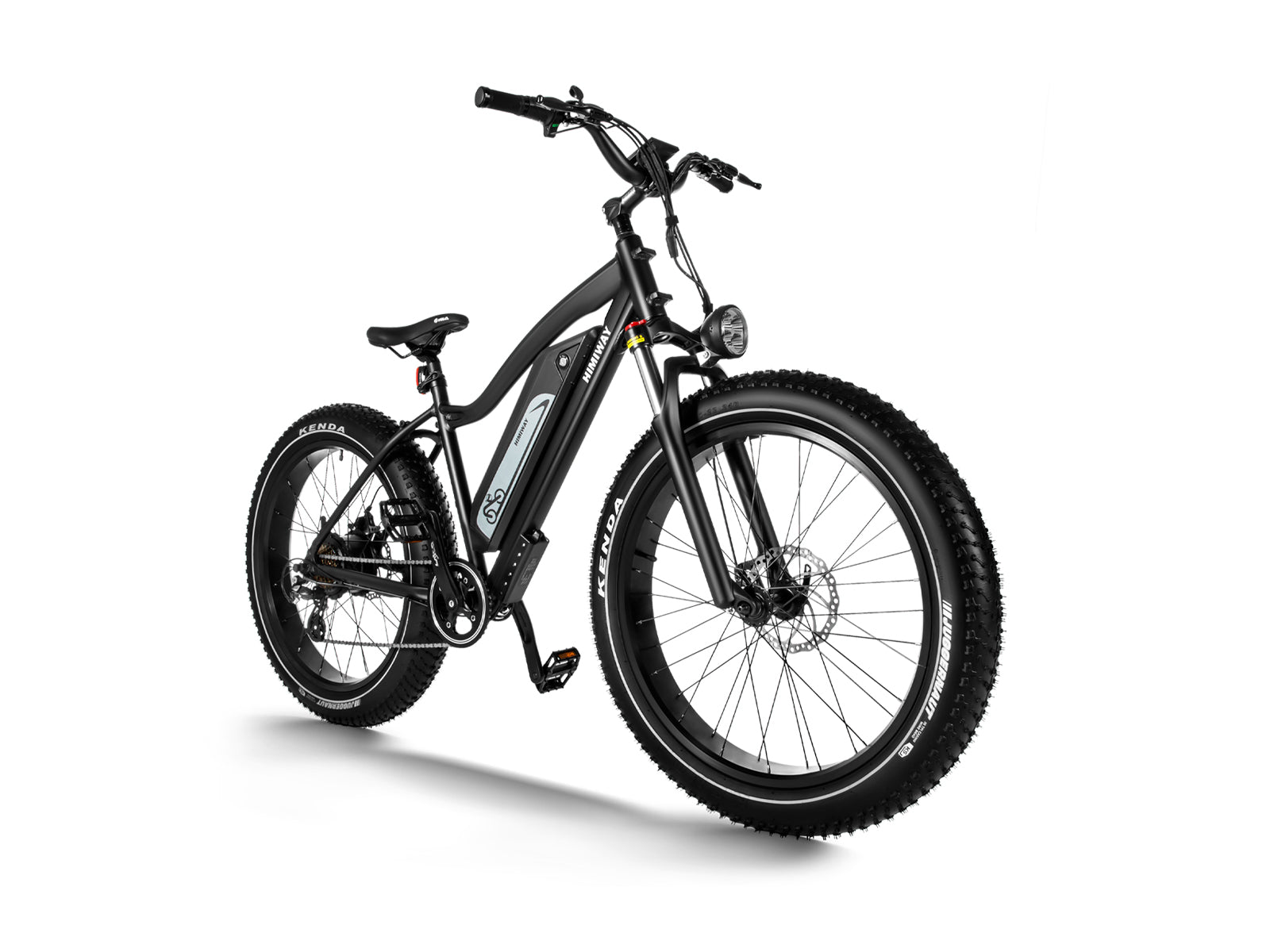 The Himiway - D3 (Cruiser) is a stylish black fat tire electric bike from Himiway, boasting thick tires, a front headlight, and an exposed battery on the frame. This long-range eBike is ideal for both adventurous trails and urban streets.