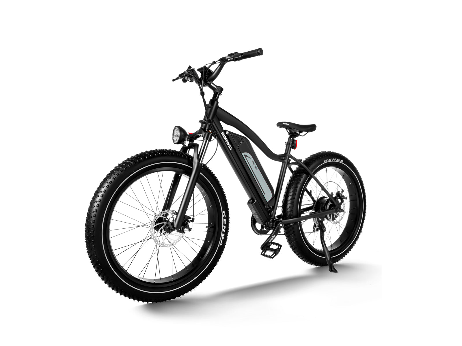 The Himiway - D3 (Cruiser) is a stylish black fat tire electric bike from Himiway, equipped with a bright front headlight, dependable disc brakes, and a durable rear kickstand. Seen from the rear angle, this long-range eBike dazzles with its combination of style and practicality.