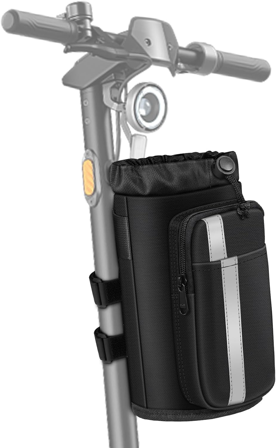 The Tampa Bay eBikes Premium Insulated Cup Holder with Pocket is a black handlebar bag featuring a zippered pocket and reflective strip, securely attaching to your scooter or bike with two straps.