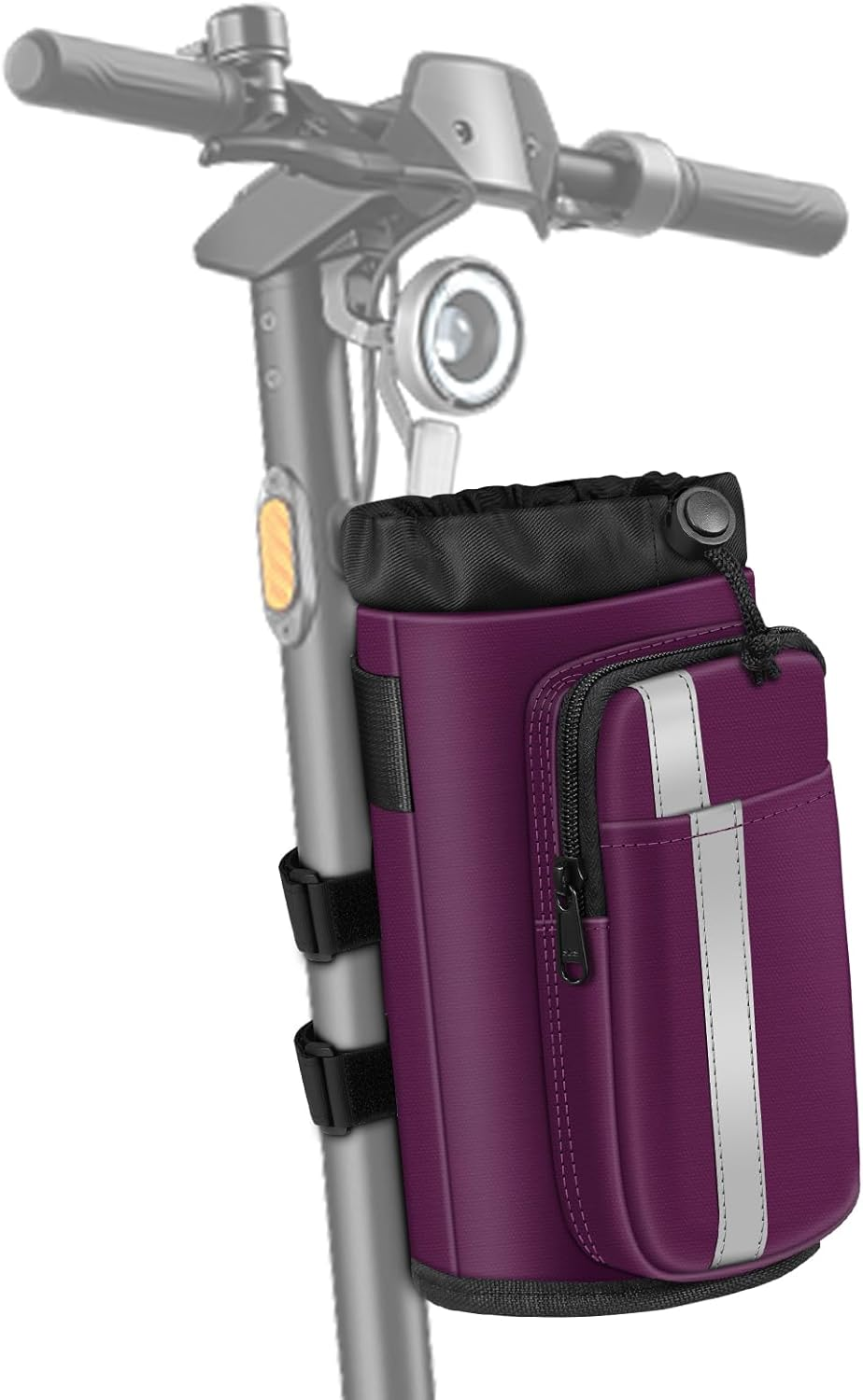 The Tampa Bay eBikes Premium Insulated Cup Holder with Pocket, featuring a zippered compartment and reflective strip, is attached to a scooter handle.