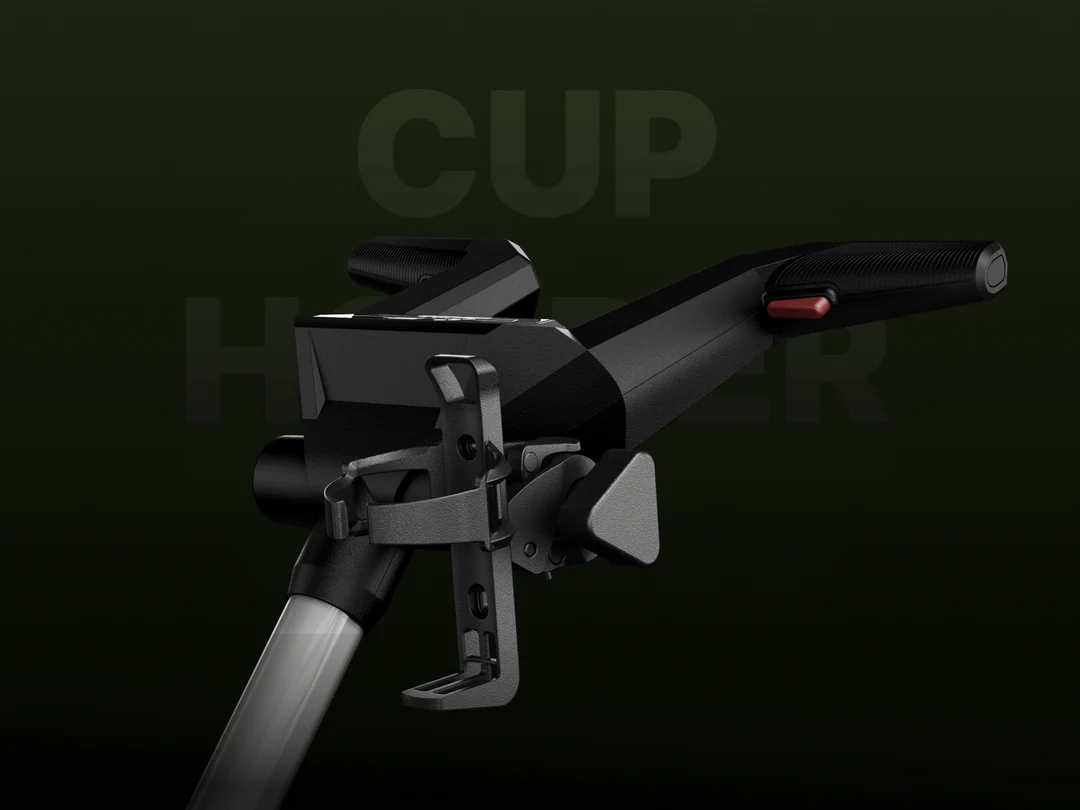 A close-up of the black handlebar on a Navee Birdie 3X electric golf push cart by Navee, featuring a mounted cup holder and set against a dark green background—ideal for Tampa Bay golf fans.